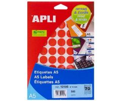 APLI ETIQUETAS ADHESIVAS CIRCULARES A5 Ø19MM ESCRITURA MANUAL 70 X 8H ROJO APLI ETIQUETAS ADHESIVAS CIRCULARES A5 Ø19MM ESCRITURA MANUAL 70 X 8H ROJO